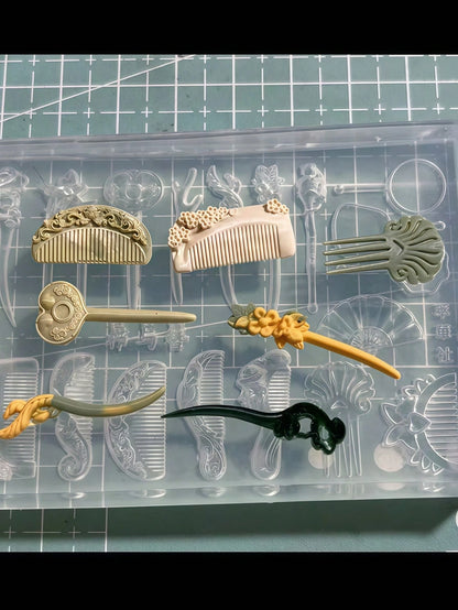 1pc Chinese Style Comb, Frog Button, Kingfisher Hairpin, Fan 3D Nail Art Decor Silicone Mold