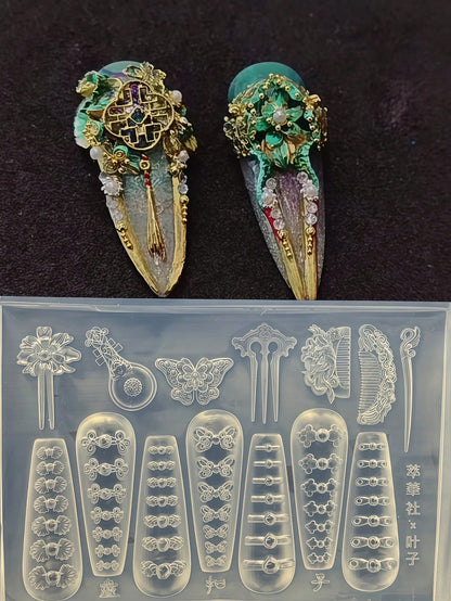 1pc Chinese Style Comb, Frog Button, Kingfisher Hairpin, Fan 3D Nail Art Decor Silicone Mold