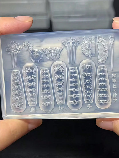 1pc Chinese Style Comb, Frog Button, Kingfisher Hairpin, Fan 3D Nail Art Decor Silicone Mold