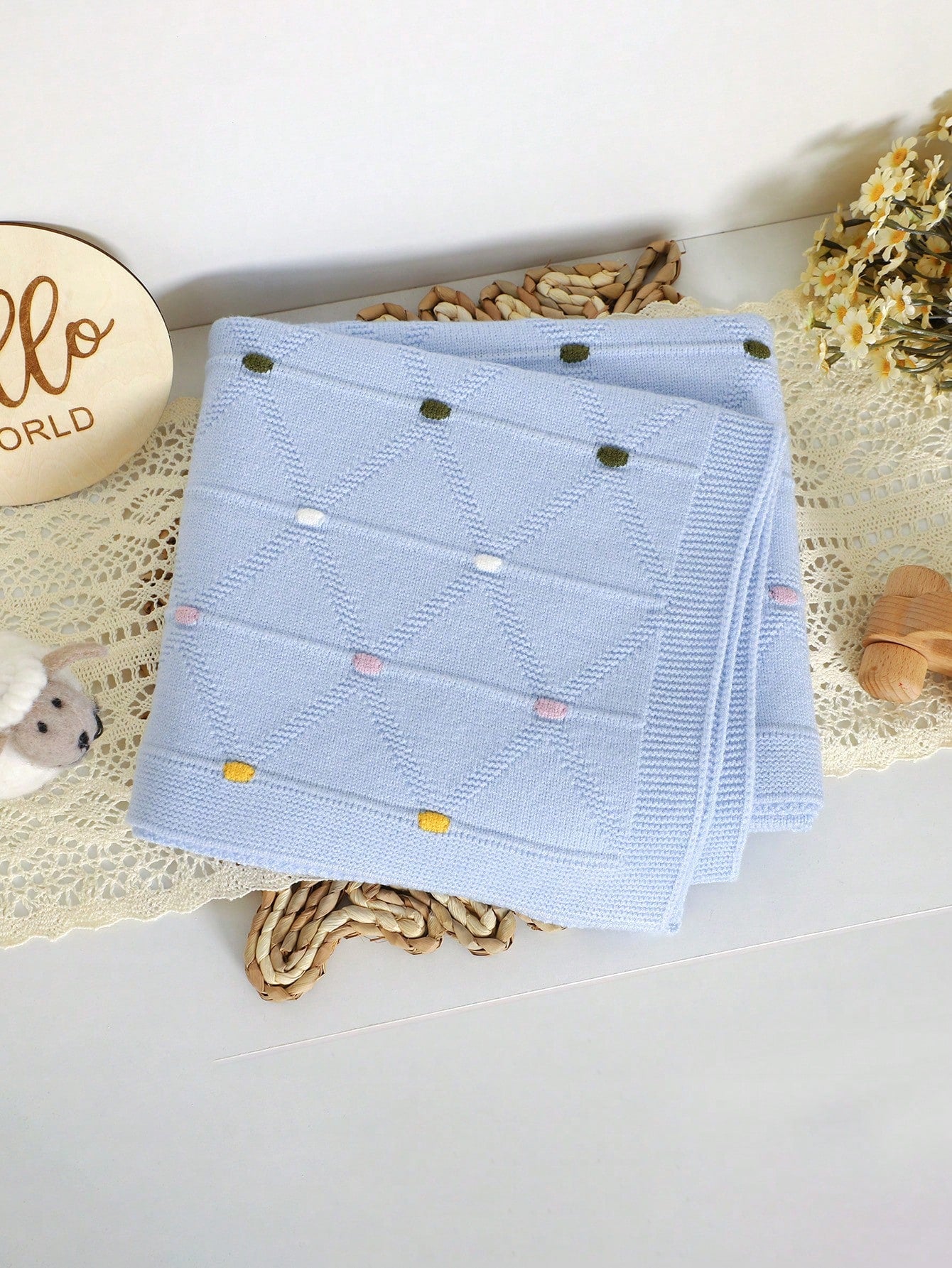1pc Colorful Polka Dot Knitted Baby Blanket, Comfortable Swaddle Blanket, Stroller Blanket, Air Conditioning Blanket, All-Season Cover