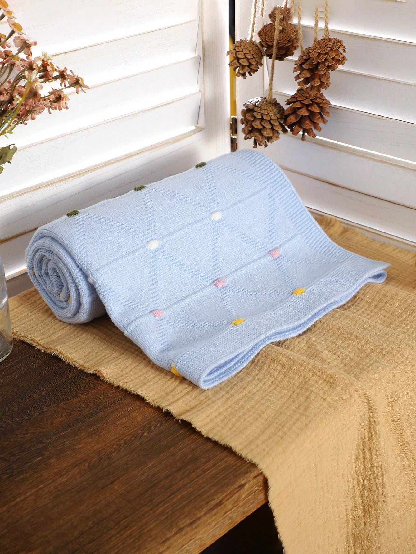 1pc Colorful Polka Dot Knitted Baby Blanket, Comfortable Swaddle Blanket, Stroller Blanket, Air Conditioning Blanket, All-Season Cover
