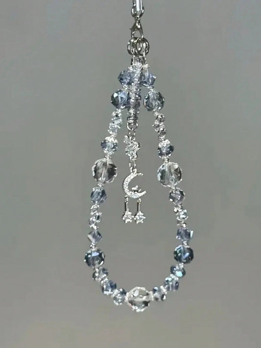 1pc Cool Ice Blue Crystal Phone Chain, Star Moon Butterfly Pendant, High-End Girl Style Phone Lanyard (Due To Shooting Angle And Magnification, Actual Size May Slightly Differ From The Photo)