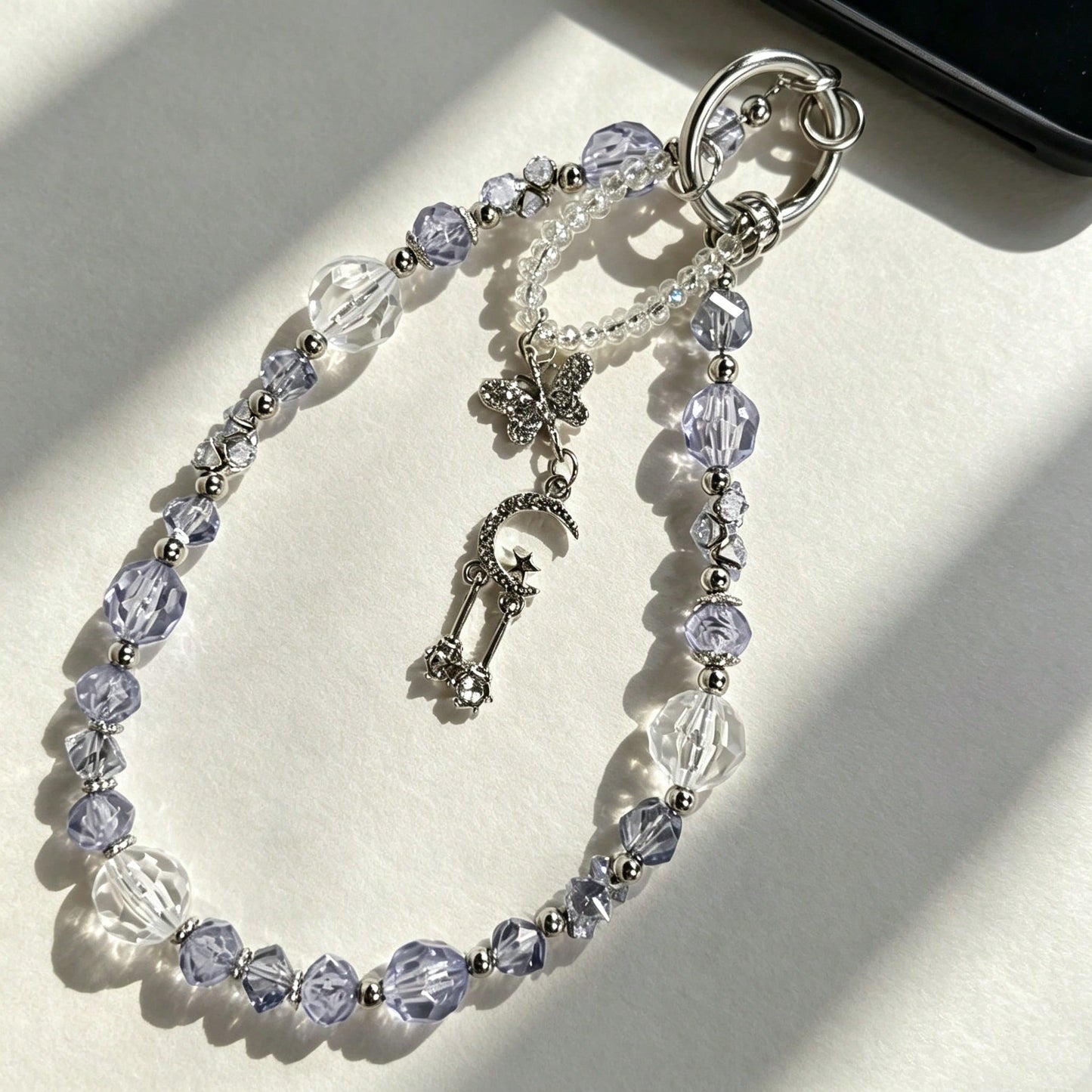 1pc Cool Ice Blue Crystal Phone Chain, Star Moon Butterfly Pendant, High-End Girl Style Phone Lanyard (Due To Shooting Angle And Magnification, Actual Size May Slightly Differ From The Photo)