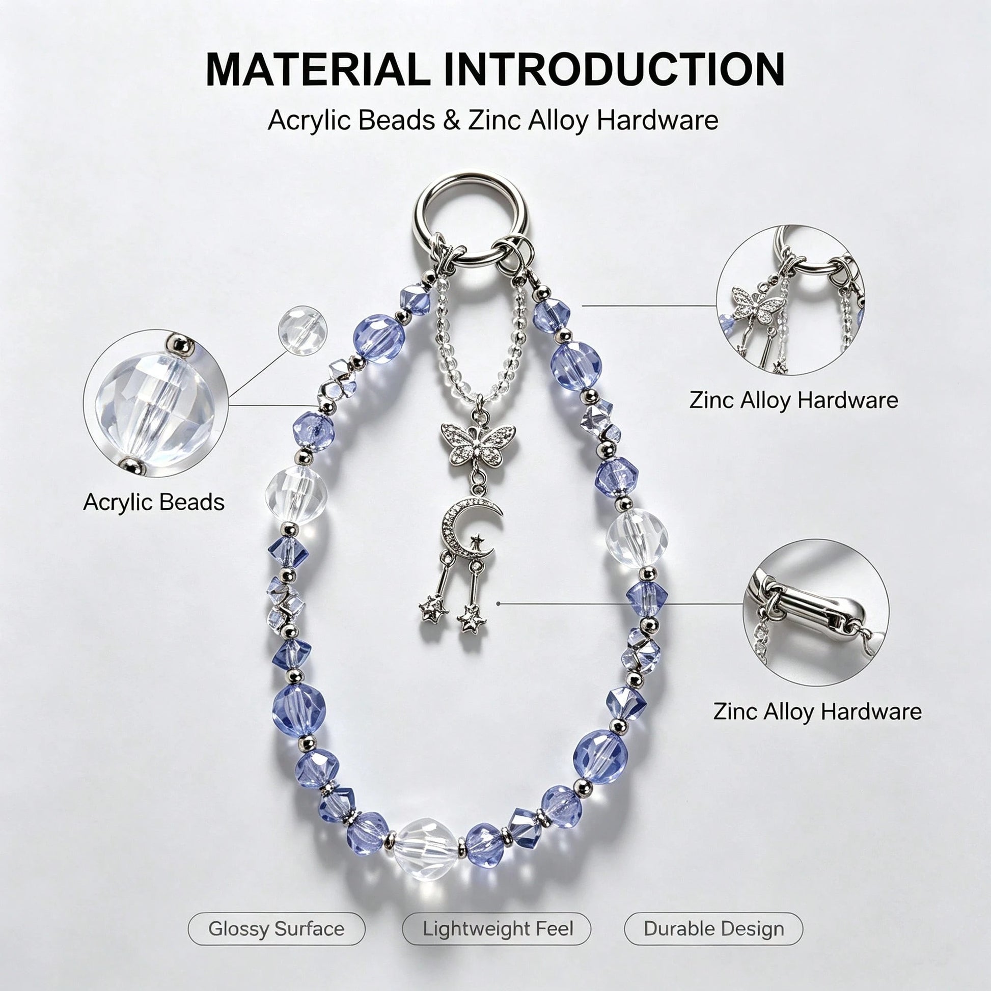 1pc Cool Ice Blue Crystal Phone Chain, Star Moon Butterfly Pendant, High-End Girl Style Phone Lanyard (Due To Shooting Angle And Magnification, Actual Size May Slightly Differ From The Photo)