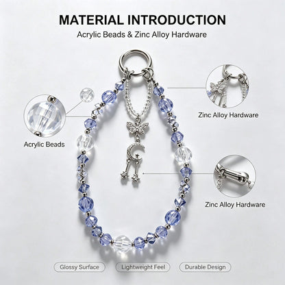 1pc Cool Ice Blue Crystal Phone Chain, Star Moon Butterfly Pendant, High-End Girl Style Phone Lanyard (Due To Shooting Angle And Magnification, Actual Size May Slightly Differ From The Photo)