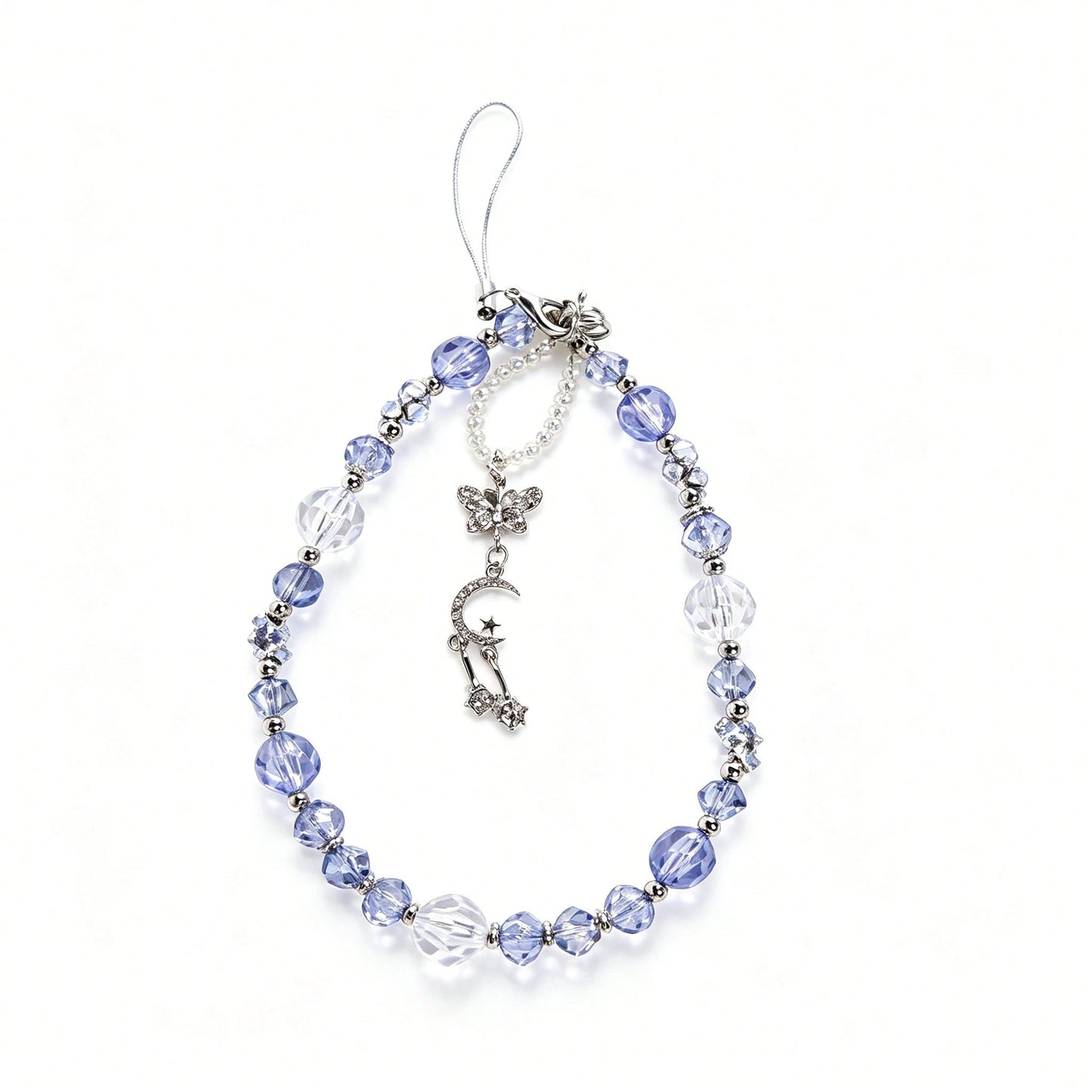 1pc Cool Ice Blue Crystal Phone Chain, Star Moon Butterfly Pendant, High-End Girl Style Phone Lanyard (Due To Shooting Angle And Magnification, Actual Size May Slightly Differ From The Photo)