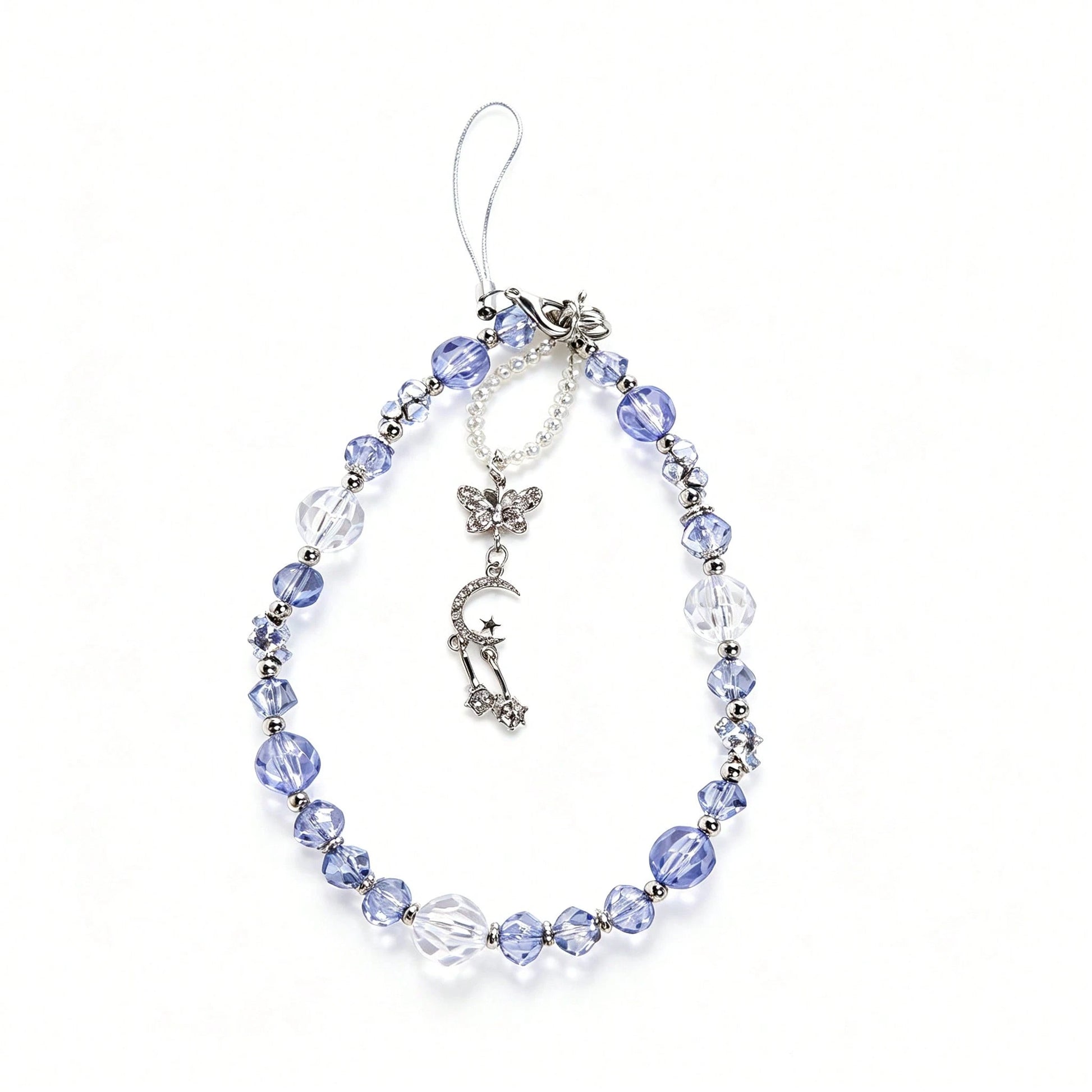 1pc Cool Ice Blue Crystal Phone Chain, Star Moon Butterfly Pendant, High-End Girl Style Phone Lanyard (Due To Shooting Angle And Magnification, Actual Size May Slightly Differ From The Photo)
