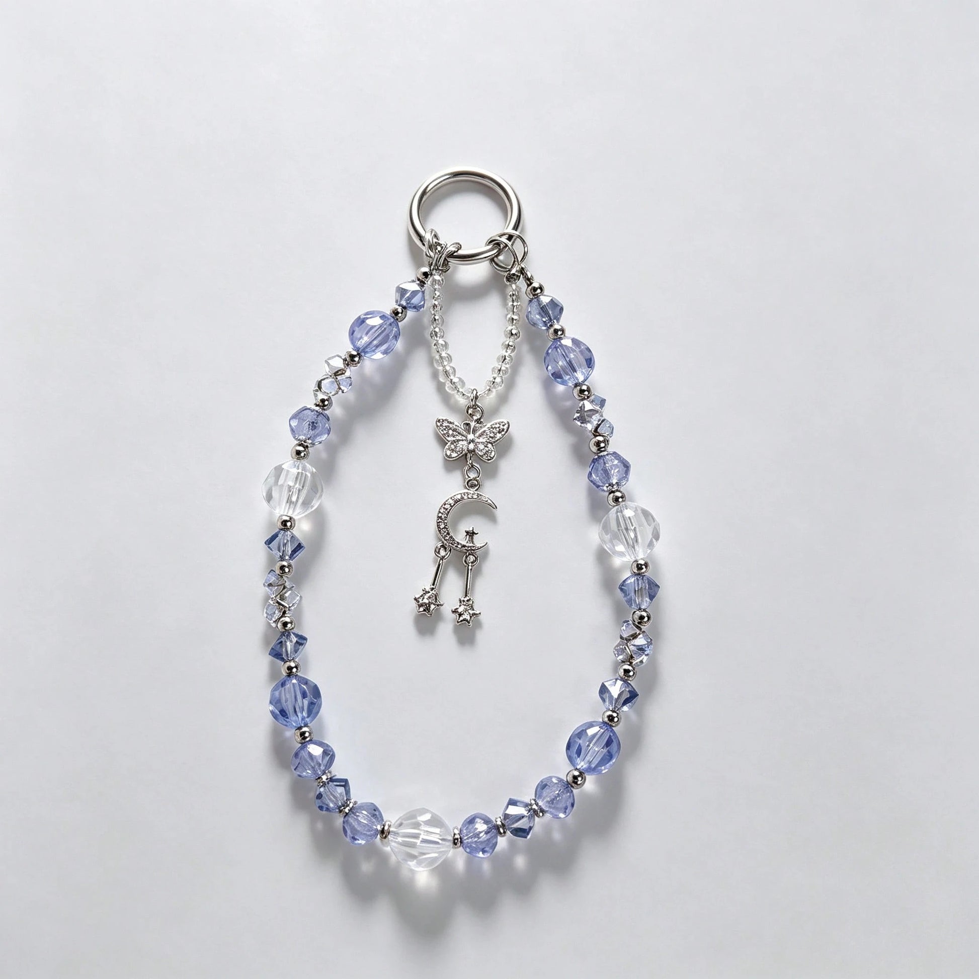 1pc Cool Ice Blue Crystal Phone Chain, Star Moon Butterfly Pendant, High-End Girl Style Phone Lanyard (Due To Shooting Angle And Magnification, Actual Size May Slightly Differ From The Photo)