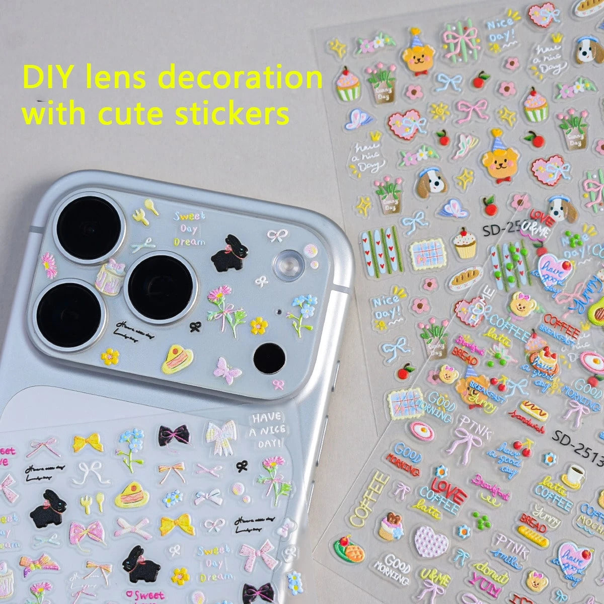 1pc Creative DIY Mirror Protective Film Sticker, Suitable For 11 Pro/ 12 Pro/13 Pro/14 Pro/15 Pro/16 Pro/17 Pro Phone Lens Film And Phone Case Sticker, Cute Cartoon Phone Case/Film Sticker 5D Embossed