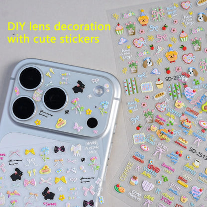 1pc Creative DIY Mirror Protective Film Sticker, Suitable For 11 Pro/ 12 Pro/13 Pro/14 Pro/15 Pro/16 Pro/17 Pro Phone Lens Film And Phone Case Sticker, Cute Cartoon Phone Case/Film Sticker 5D Embossed