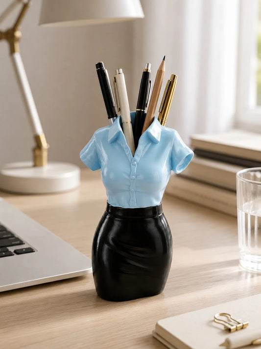1pc Creative Female Torso Pen Holder, Business Woman Desk Organizer With Blue Blouse & Black Skirt, Novelty Pencil Cup For Office, Home Study, Desktop Decor, Stationery Storage, Coworker Gift For Wome