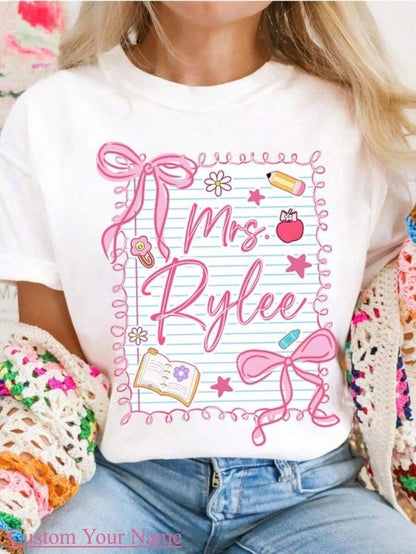 1pc Custom Coquette Teacher Shirt, Preppy Back To School Shirt, Coquette Teacher First Day Of School Shirt, Girly Pink Coquette Bow, Teacher Team