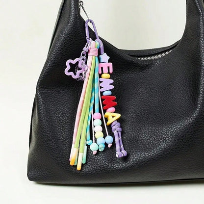 1pc Custom Rainbow Tassel Rope Bag Charm, Cute Wallet Accessory, Personalized Name Keychain, Colorful Backpack Charm, Custom Letter Pendant.