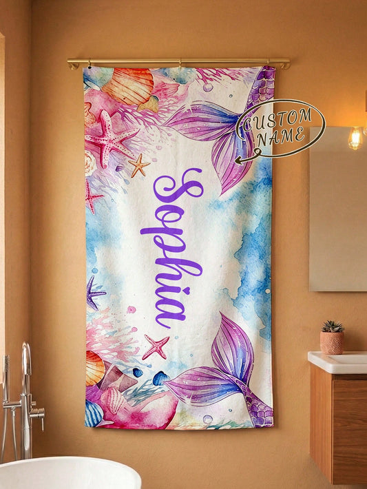 1pc Customized Mermaid Beach Towel, Personalized Name Beach Towel, Customized Girl/Boy Beach Towel, Perfect For Outdoor Beach Travel, Swimming, Fitness, Yoga, Beach Accessories, Customized Beach Towel
