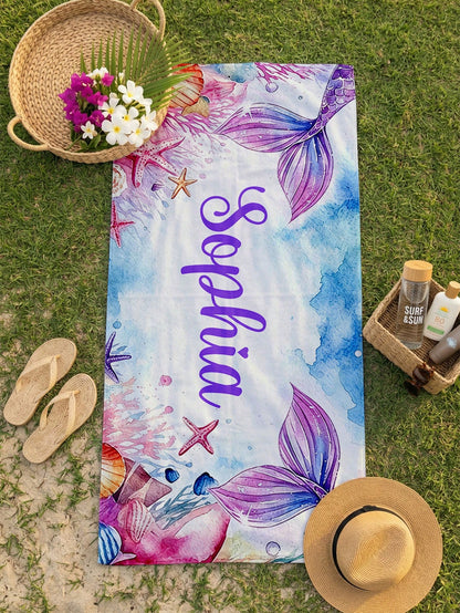 1pc Customized Mermaid Beach Towel, Personalized Name Beach Towel, Customized Girl/Boy Beach Towel, Perfect For Outdoor Beach Travel, Swimming, Fitness, Yoga, Beach Accessories, Customized Beach Towel