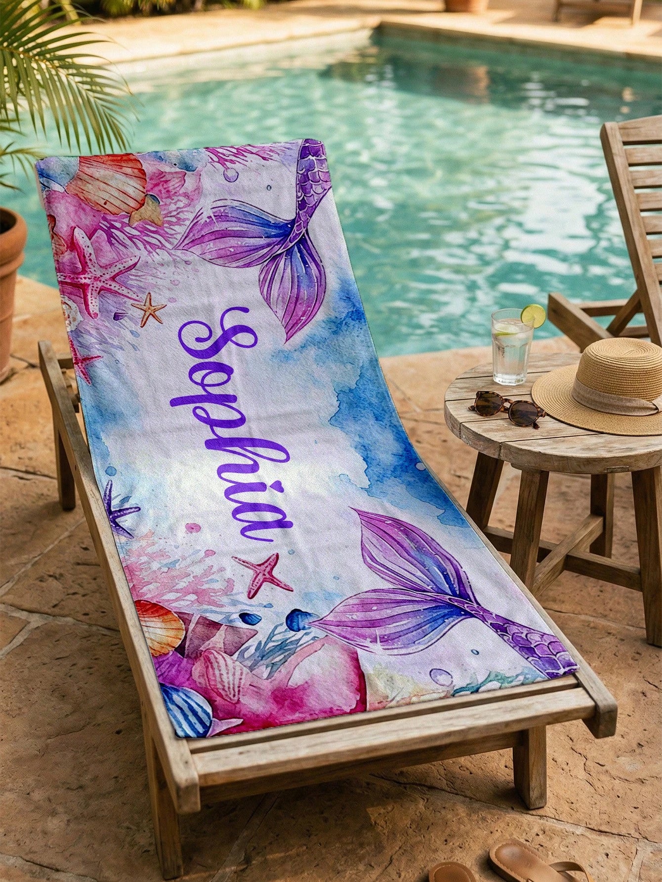 1pc Customized Mermaid Beach Towel, Personalized Name Beach Towel, Customized Girl/Boy Beach Towel, Perfect For Outdoor Beach Travel, Swimming, Fitness, Yoga, Beach Accessories, Customized Beach Towel