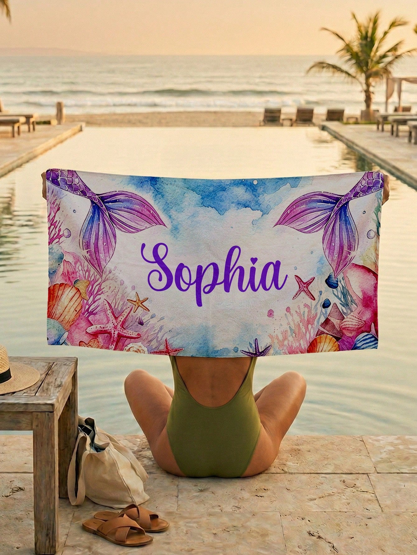 1pc Customized Mermaid Beach Towel, Personalized Name Beach Towel, Customized Girl/Boy Beach Towel, Perfect For Outdoor Beach Travel, Swimming, Fitness, Yoga, Beach Accessories, Customized Beach Towel