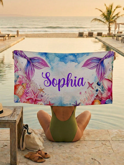1pc Customized Mermaid Beach Towel, Personalized Name Beach Towel, Customized Girl/Boy Beach Towel, Perfect For Outdoor Beach Travel, Swimming, Fitness, Yoga, Beach Accessories, Customized Beach Towel