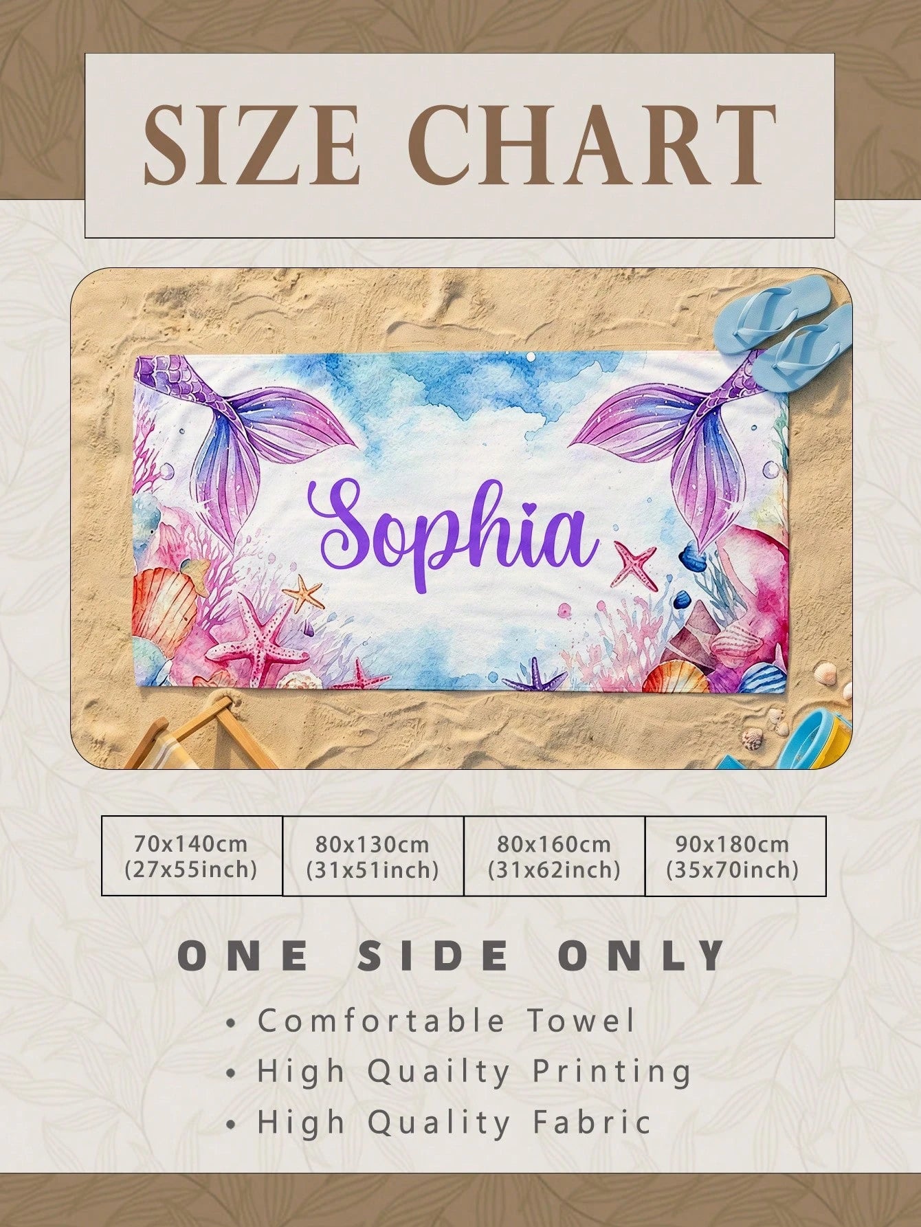 1pc Customized Mermaid Beach Towel, Personalized Name Beach Towel, Customized Girl/Boy Beach Towel, Perfect For Outdoor Beach Travel, Swimming, Fitness, Yoga, Beach Accessories, Customized Beach Towel