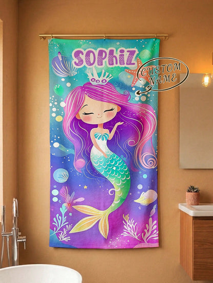 1pc Customized Mermaid Beach Towel, Personalized Name Beach Towel, Customized Girl/Boy Beach Towel, Perfect For Outdoor Beach Travel, Swimming, Fitness, Yoga, Beach Accessories, Customized Beach Towel