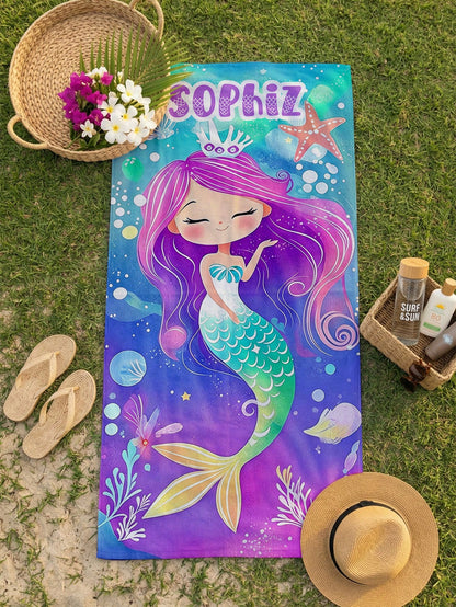 1pc Customized Mermaid Beach Towel, Personalized Name Beach Towel, Customized Girl/Boy Beach Towel, Perfect For Outdoor Beach Travel, Swimming, Fitness, Yoga, Beach Accessories, Customized Beach Towel