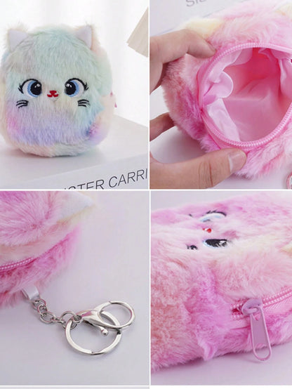 1pc Cute Cartoon Cat Plush Mini Coin Purse, Lightweight Portable Fully Matching Wallet, Earphone & Key Storage Pouch