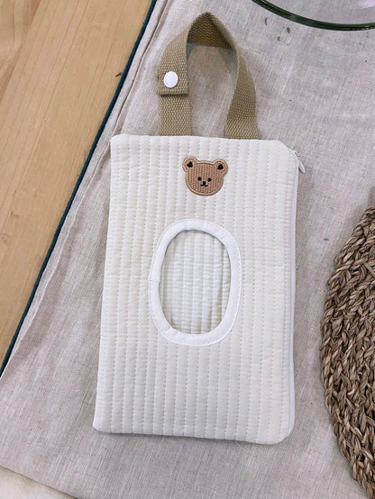 1pc Cute White Teddy Bear Design Paper Towel Holder Bag, Portable Wet Wipes Storage Pouch