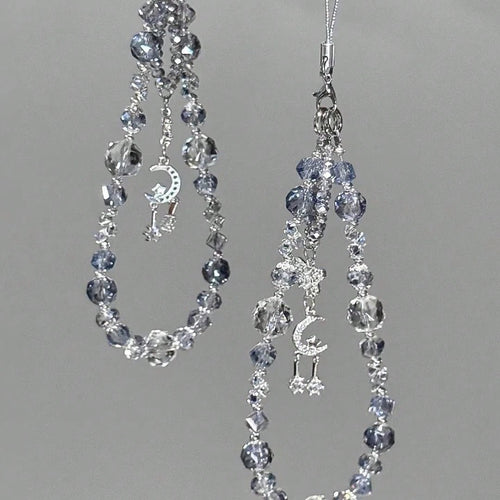 1pc Double-Layer Asymmetrical Beaded Design, Featuring Ice-Clear Misty Blue Burst Crystal And Multi-Faceted Sparkling Rhinestone Beads, With Silver-Plated Crescent Moon + Double Star Pendant Hanging I