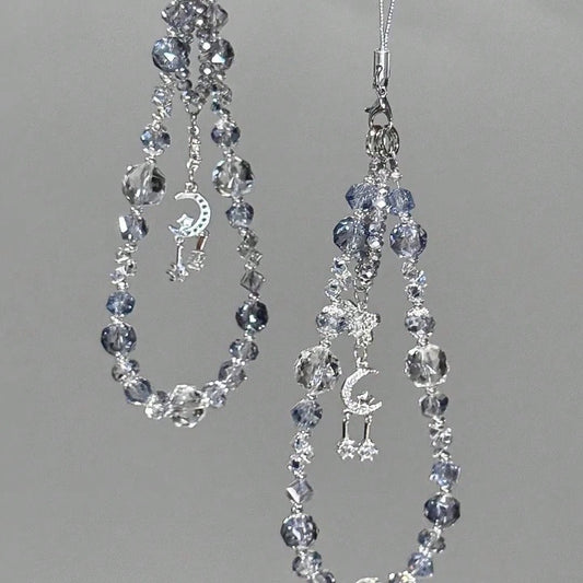 1pc Double-Layer Asymmetrical Beaded Design, Featuring Ice-Clear Misty Blue Burst Crystal And Multi-Faceted Sparkling Rhinestone Beads, With Silver-Plated Crescent Moon + Double Star Pendant Hanging I