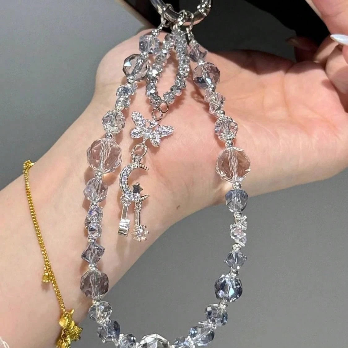 1pc Double-Layer Asymmetrical Beaded Design, Featuring Ice-Clear Misty Blue Burst Crystal And Multi-Faceted Sparkling Rhinestone Beads, With Silver-Plated Crescent Moon + Double Star Pendant Hanging I