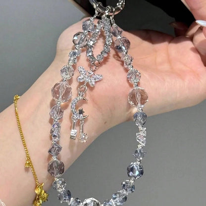 1pc Double-Layer Asymmetrical Beaded Design, Featuring Ice-Clear Misty Blue Burst Crystal And Multi-Faceted Sparkling Rhinestone Beads, With Silver-Plated Crescent Moon + Double Star Pendant Hanging I