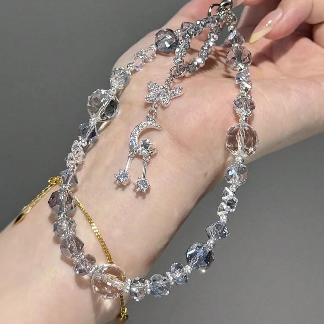 1pc Double-Layer Asymmetrical Beaded Design, Featuring Ice-Clear Misty Blue Burst Crystal And Multi-Faceted Sparkling Rhinestone Beads, With Silver-Plated Crescent Moon + Double Star Pendant Hanging I
