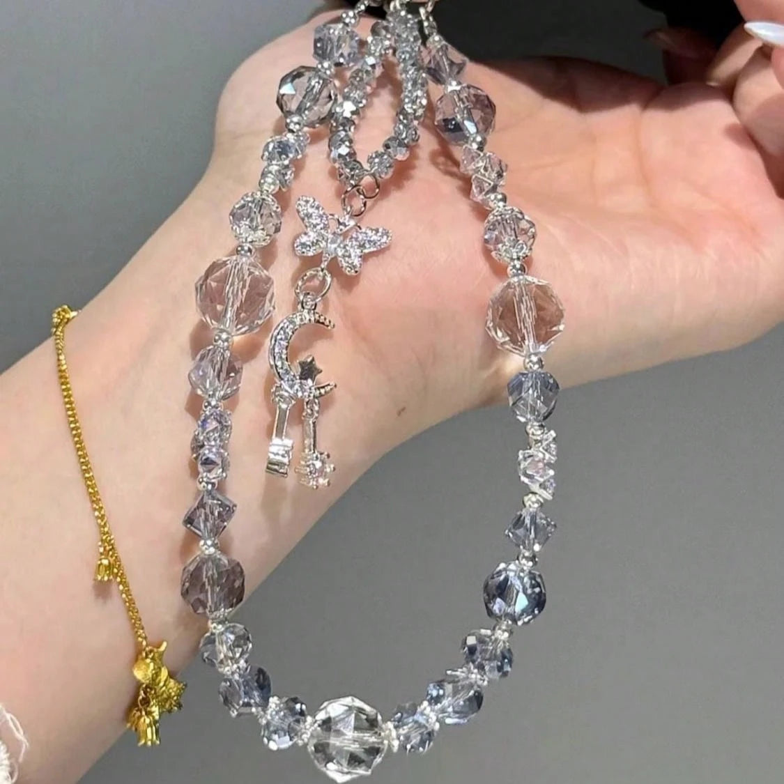 1pc Double-Layer Asymmetrical Beaded Design, Featuring Ice-Clear Misty Blue Burst Crystal And Multi-Faceted Sparkling Rhinestone Beads, With Silver-Plated Crescent Moon + Double Star Pendant Hanging I