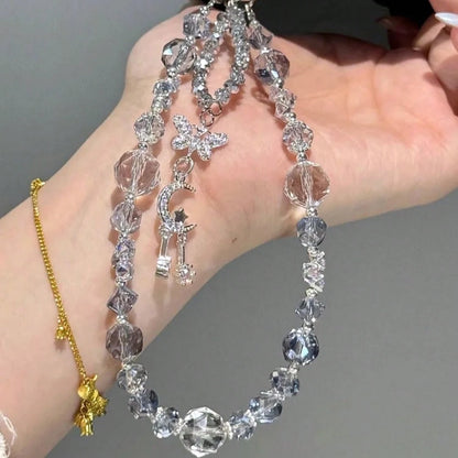 1pc Double-Layer Asymmetrical Beaded Design, Featuring Ice-Clear Misty Blue Burst Crystal And Multi-Faceted Sparkling Rhinestone Beads, With Silver-Plated Crescent Moon + Double Star Pendant Hanging I