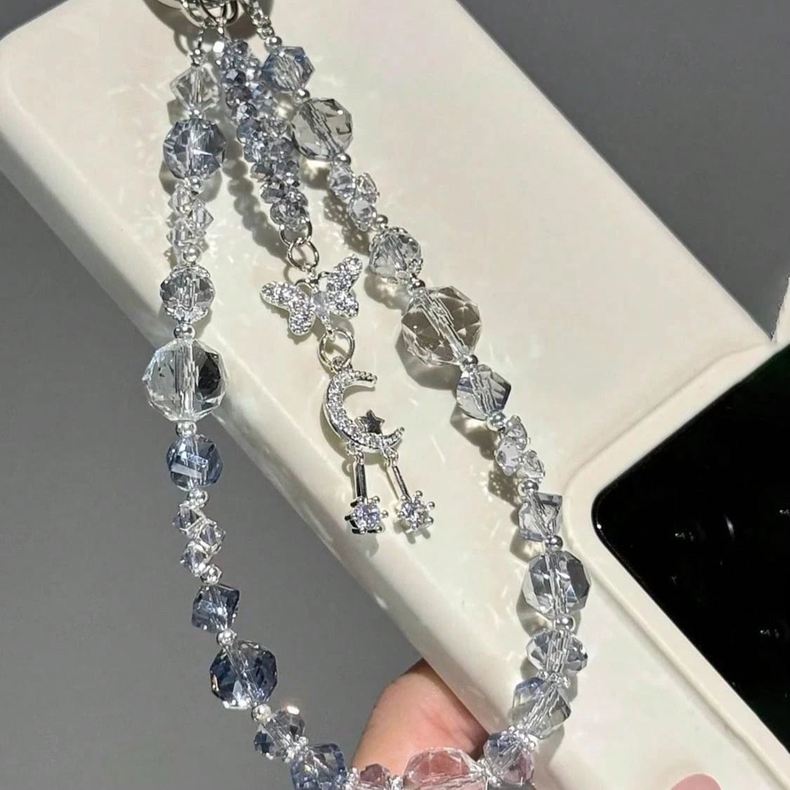 1pc Double-Layer Asymmetrical Beaded Design, Featuring Ice-Clear Misty Blue Burst Crystal And Multi-Faceted Sparkling Rhinestone Beads, With Silver-Plated Crescent Moon + Double Star Pendant Hanging I
