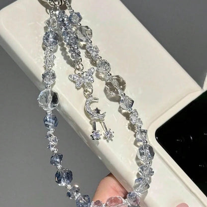 1pc Double-Layer Asymmetrical Beaded Design, Featuring Ice-Clear Misty Blue Burst Crystal And Multi-Faceted Sparkling Rhinestone Beads, With Silver-Plated Crescent Moon + Double Star Pendant Hanging I