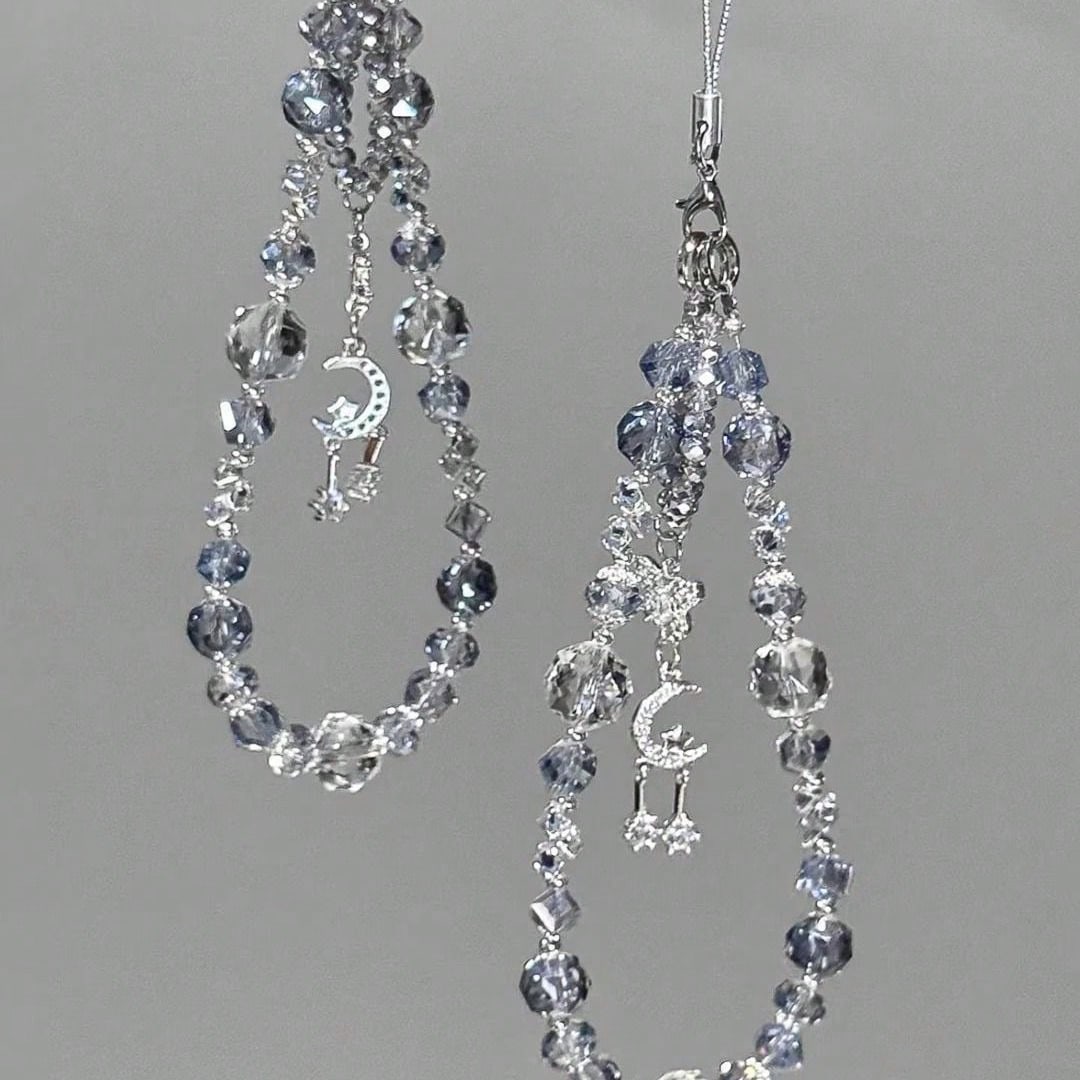 1pc Double-Layer Asymmetrical Beaded Design, Featuring Ice-Clear Misty Blue Burst Crystal And Multi-Faceted Sparkling Rhinestone Beads, With Silver-Plated Crescent Moon + Double Star Pendant Hanging I