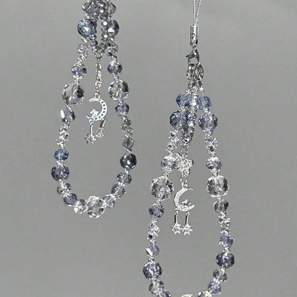 1pc Double-Layer Asymmetrical Beaded Design, Featuring Ice-Clear Misty Blue Burst Crystal And Multi-Faceted Sparkling Rhinestone Beads, With Silver-Plated Crescent Moon + Double Star Pendant Hanging I