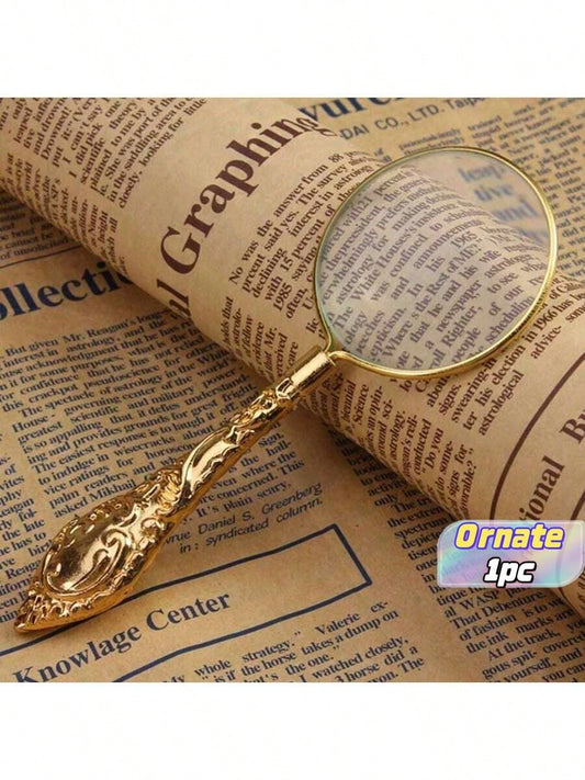 1pc European Gold Tone Floral Pattern Handheld Reading Magnifying Glass With Glass Lens Back To School