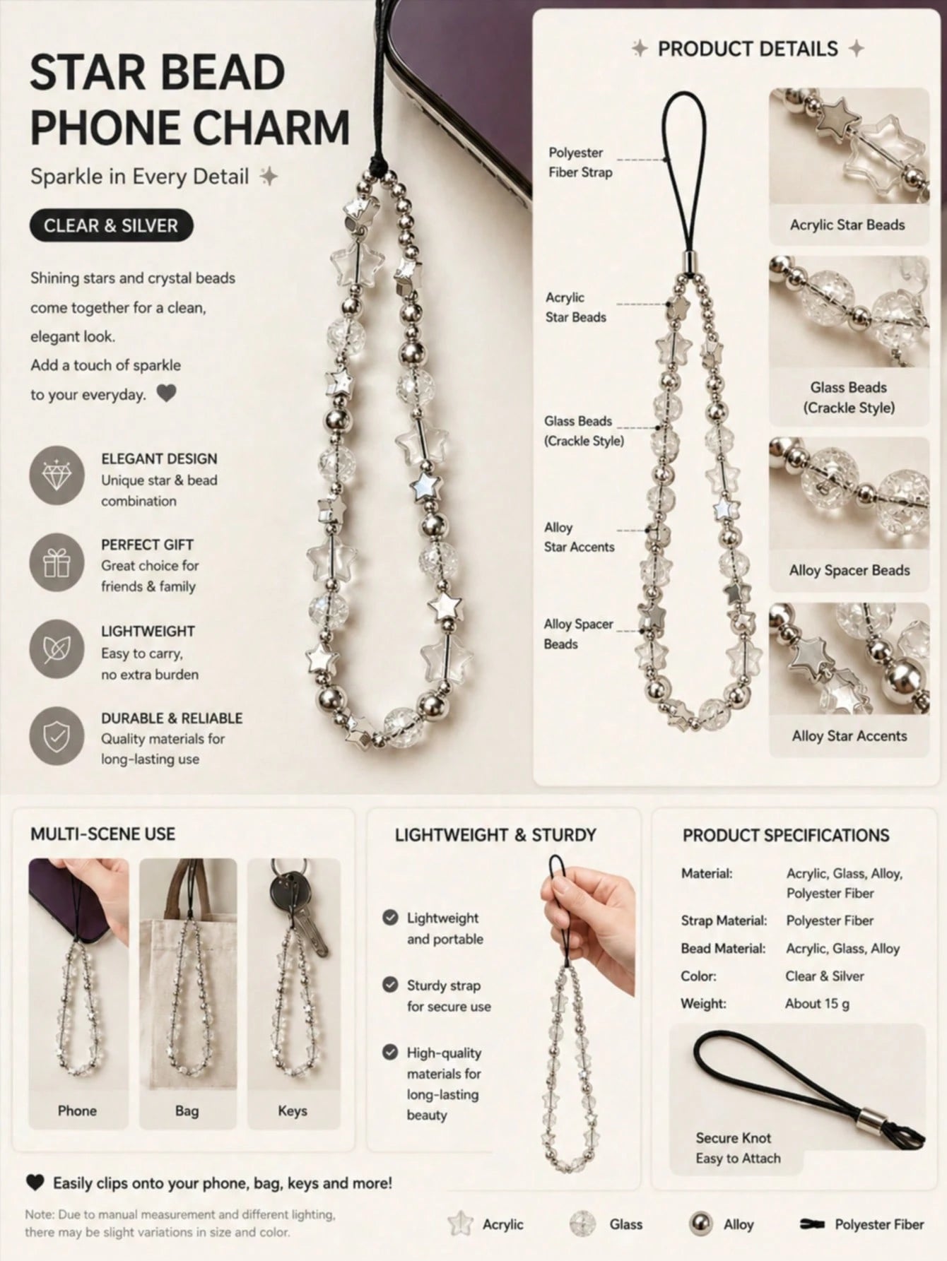 1pc Fashion Beaded Phone Lanyard Star Beaded Accessory Suitable For Phone Camera Earphone Personalized Accessory Decoration Gift Phone Ornament Phone Accessory (Due To Shooting Angle And Magnification