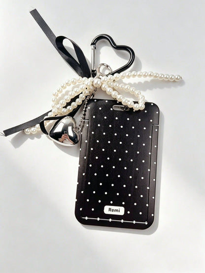 1pc Fashion Polka Dot Print Card Holder Pendant, Bag Charm, Key Chain, Wallet, Business Bank Credit Card Holder For Men And Women, Badge Holder