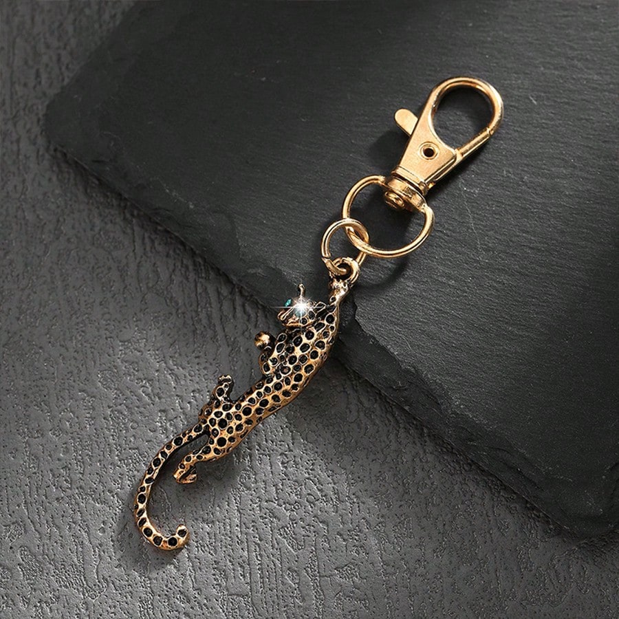 1pc Fashion Silver/Gold Alloy Rhinestone Leopard Shaped Keychain, Car Bag Pendant Metal Creative Charm