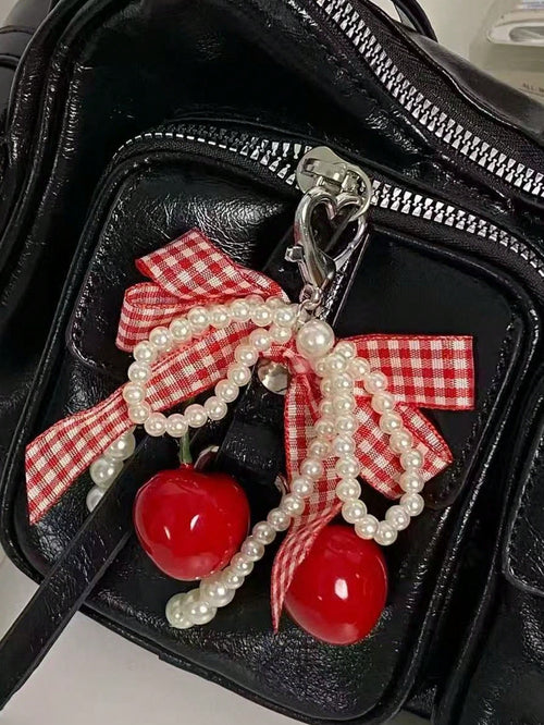 1pc Fashion Sweet Cute Plaid Bow Cherry Phone Charm Keychain Bag Pendant Y2K Anti-Loss Accessory Women's Phone Decoration