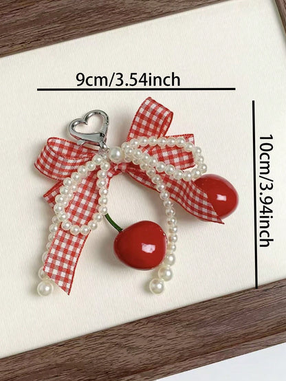 1pc Fashion Sweet Cute Plaid Bow Cherry Phone Charm Keychain Bag Pendant Y2K Anti-Loss Accessory Women's Phone Decoration