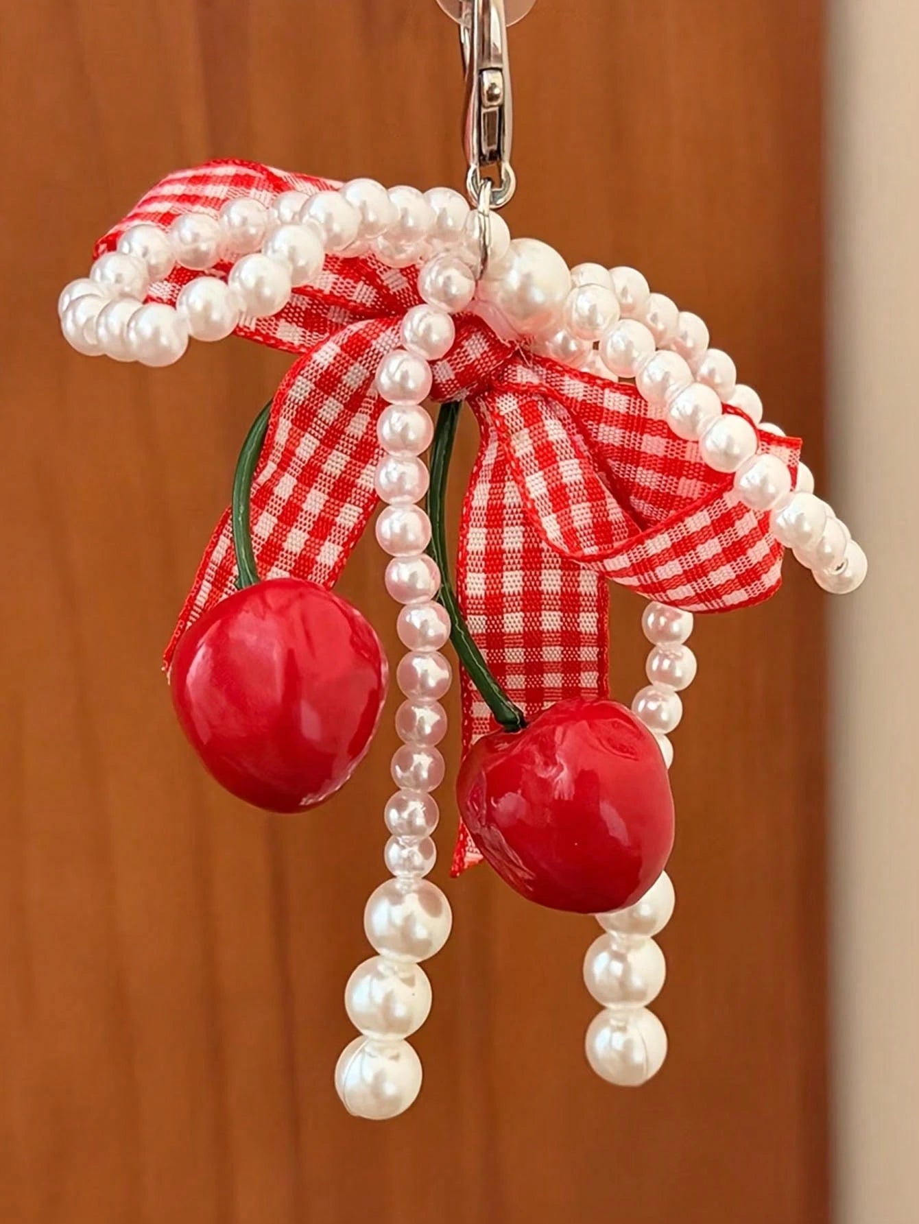 1pc Fashion Sweet Cute Plaid Bow Cherry Phone Charm Keychain Bag Pendant Y2K Anti-Loss Accessory Women's Phone Decoration