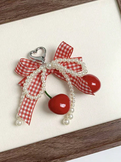 1pc Fashion Sweet Cute Plaid Bow Cherry Phone Charm Keychain Bag Pendant Y2K Anti-Loss Accessory Women's Phone Decoration