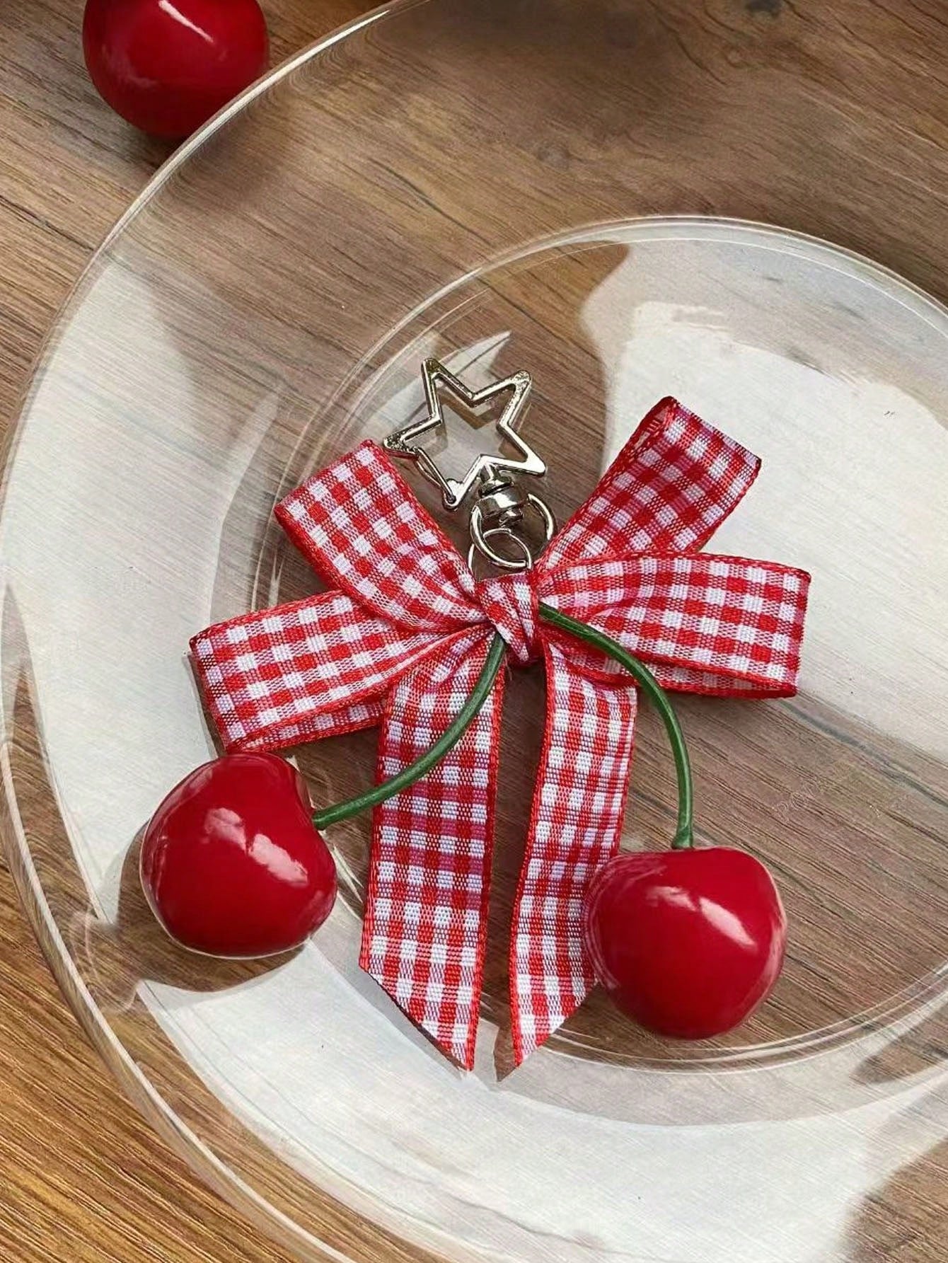 1pc Fashion Sweet Cute Plaid Bow Cherry Phone Charm Keychain Bag Pendant Y2K Anti-Loss Accessory Women's Phone Decoration
