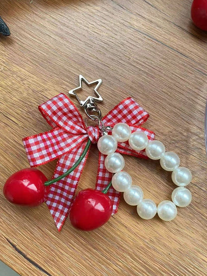 1pc Fashion Sweet Cute Plaid Bow Cherry Phone Charm Keychain Bag Pendant Y2K Anti-Loss Accessory Women's Phone Decoration