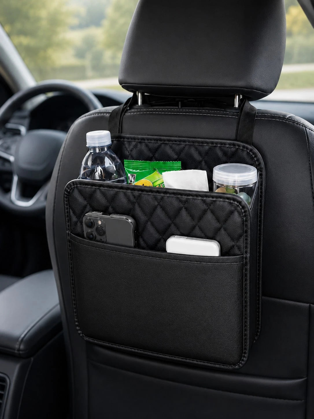 1pc Faux Leather Car Seat Back Organizer- Large Capacity, Durable And Easy To Clean; Hanging Storage Bag; Can Store Water Bottles, Snacks And Phones- Suitable For All Car Models; Car Organizer Bag