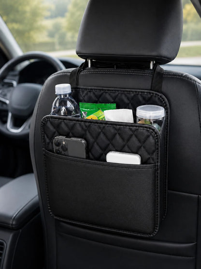 1pc Faux Leather Car Seat Back Organizer- Large Capacity, Durable And Easy To Clean; Hanging Storage Bag; Can Store Water Bottles, Snacks And Phones- Suitable For All Car Models; Car Organizer Bag